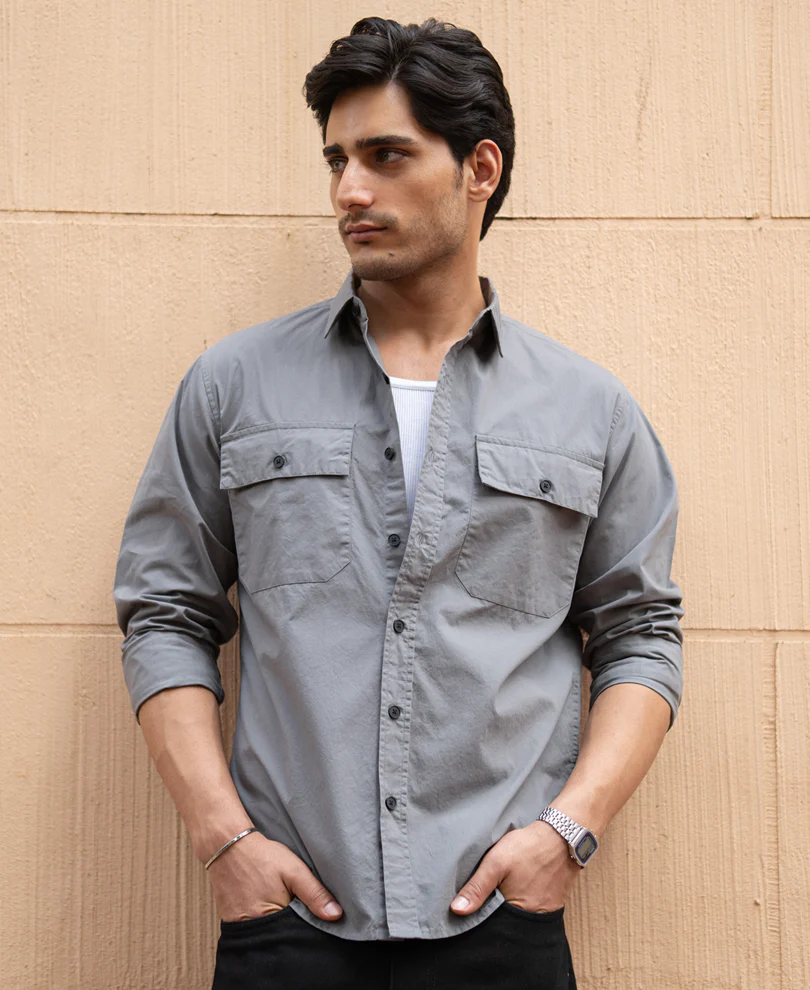 Grey Double Pocket Lightweight Shirt 100% Cotton