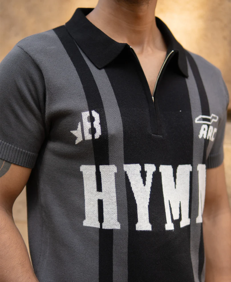 Grey Jacquard Half Sleeves Knit Polo T-Shirt - Image 3