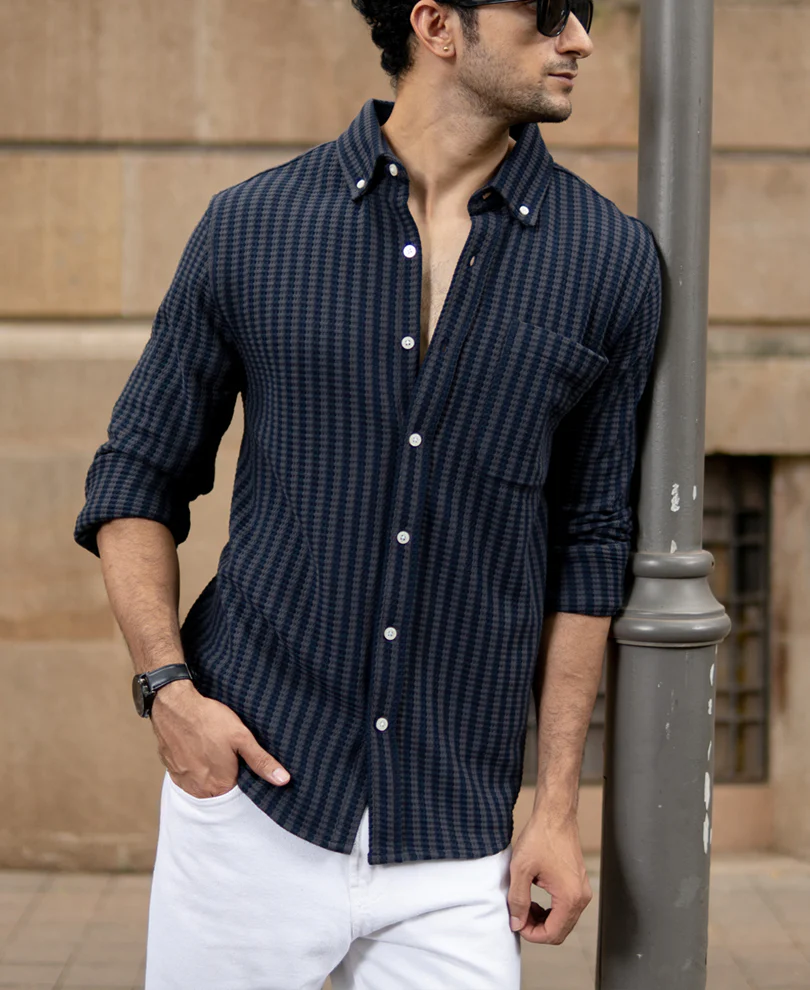 Grey Knit Structured Stripe Shirt - Image 2