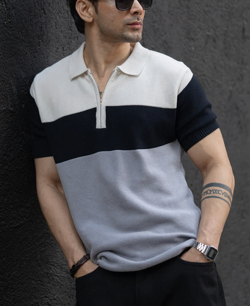 Grey & Navy Knit Stripe T-Shirt 100% Cotton