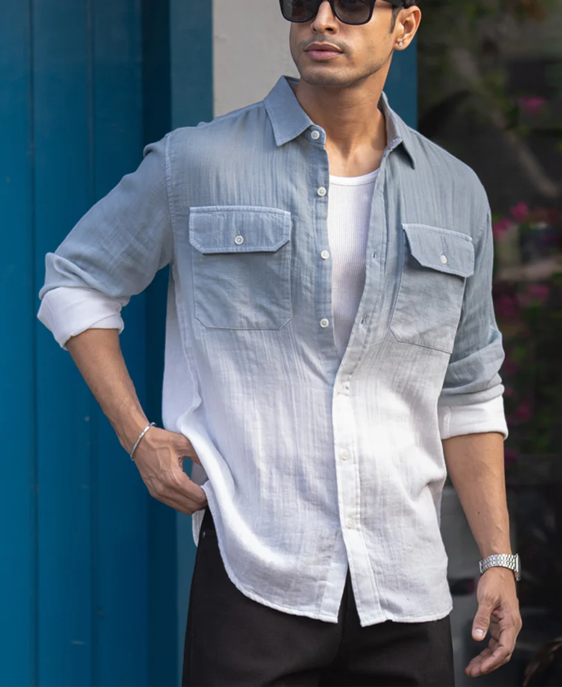 Grey Sky Double Pocket Ombre Shirt 100% Cotton