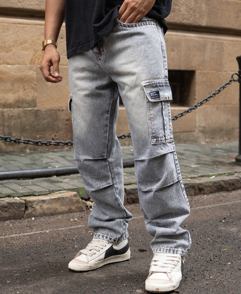 Grey Washed Baggy Cargo Jeans 100% Cotton