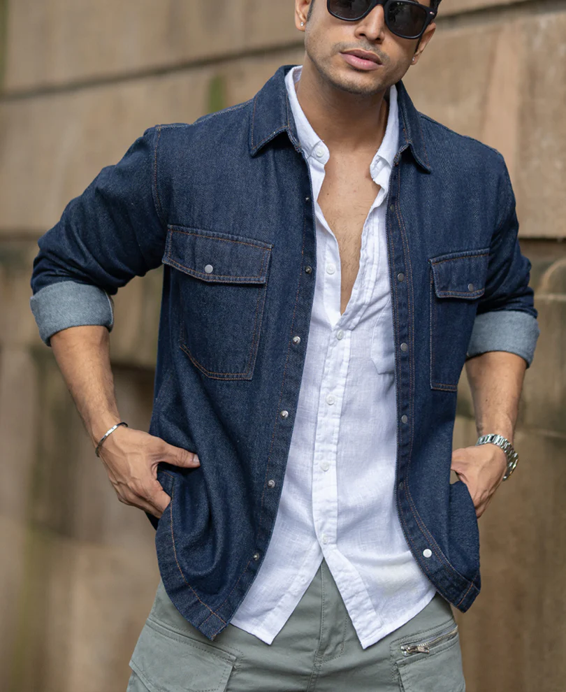 Indigo Denim Overshirt With Pockets 100% Cotton - Image 2