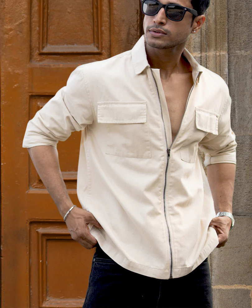 Light Beige Structured Zipper Overshirt - Image 2