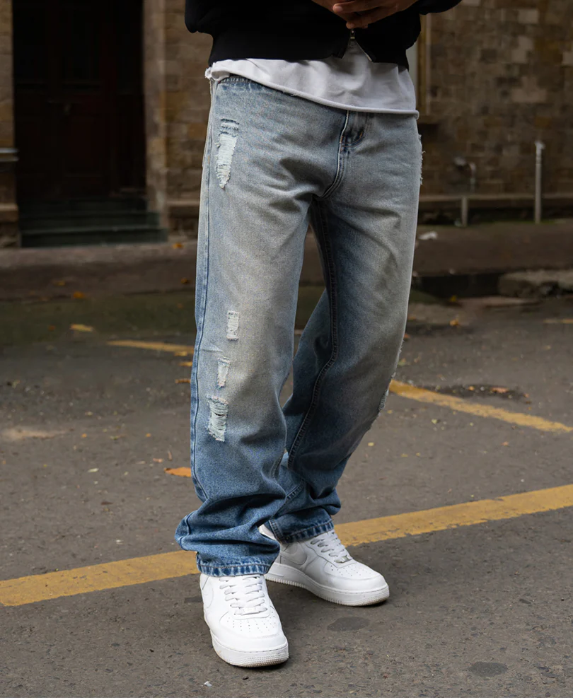 Mid Blue Baggy Distressed Jeans 100% Cotton