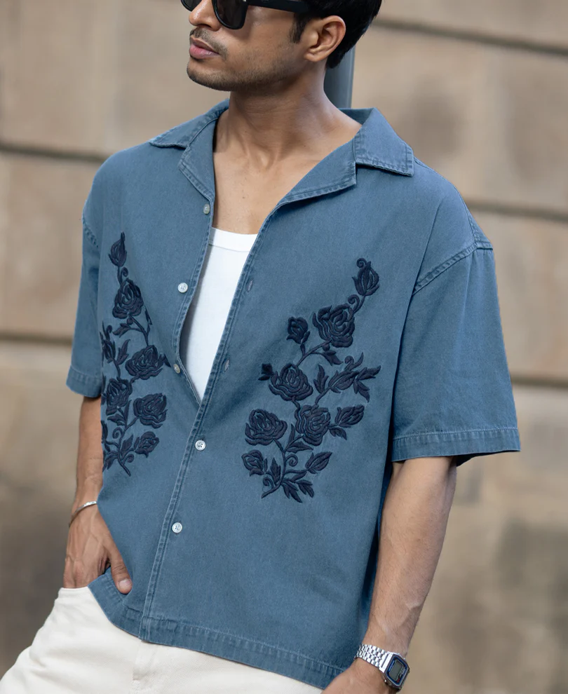 Mid Blue Embroidered Denim Shirt 100% Cotton