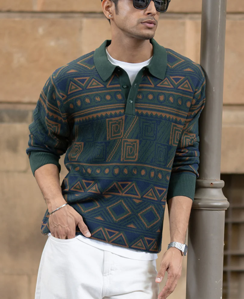 Multicolour Geometric Jacquard Knit T-Shirt 100% Cotton