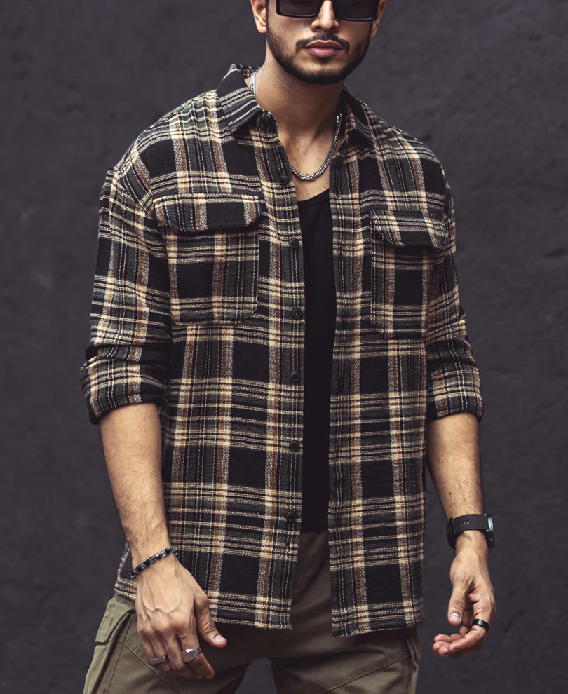 Multicolor Checks Double Pockets Oversize Drop Shoulder Shirt