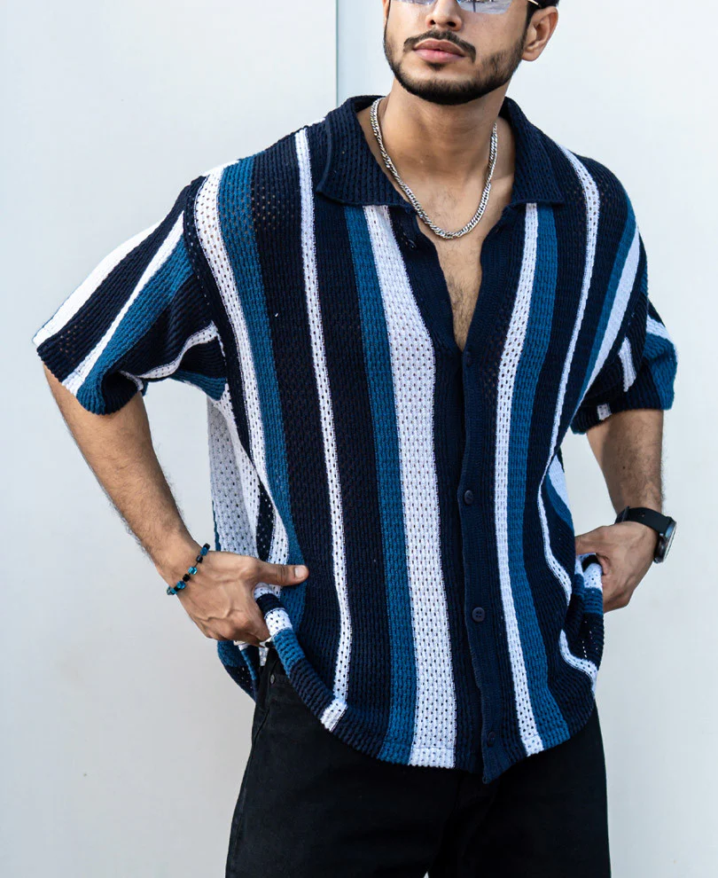 Multicolor Crochet Knit Striped Oversize Drop Shoulder Shirt
