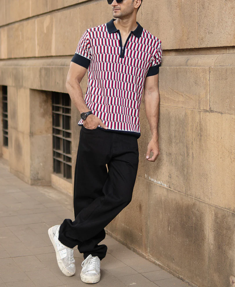 Multicolour Jacquard Knit Polo T-Shirt 100% Cotton