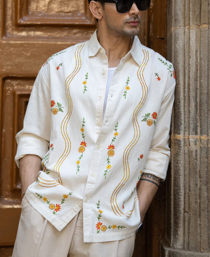 Natural Linen Blend Print Shirt 100% Cotton