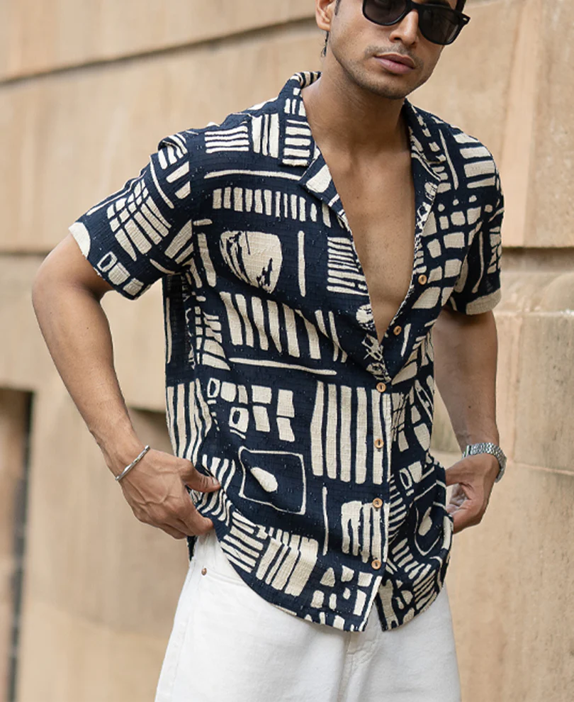 Navy Abstract Print Shirt 100% Cotton