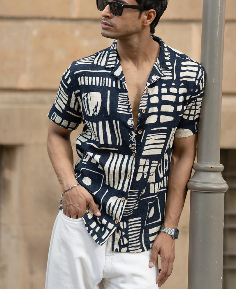 Navy Abstract Print Shirt 100% Cotton - Image 2