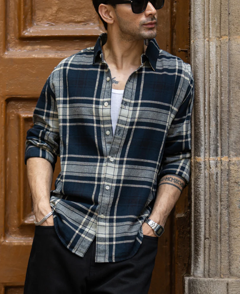 Navy Structured Checks Shirt 100% Cotton