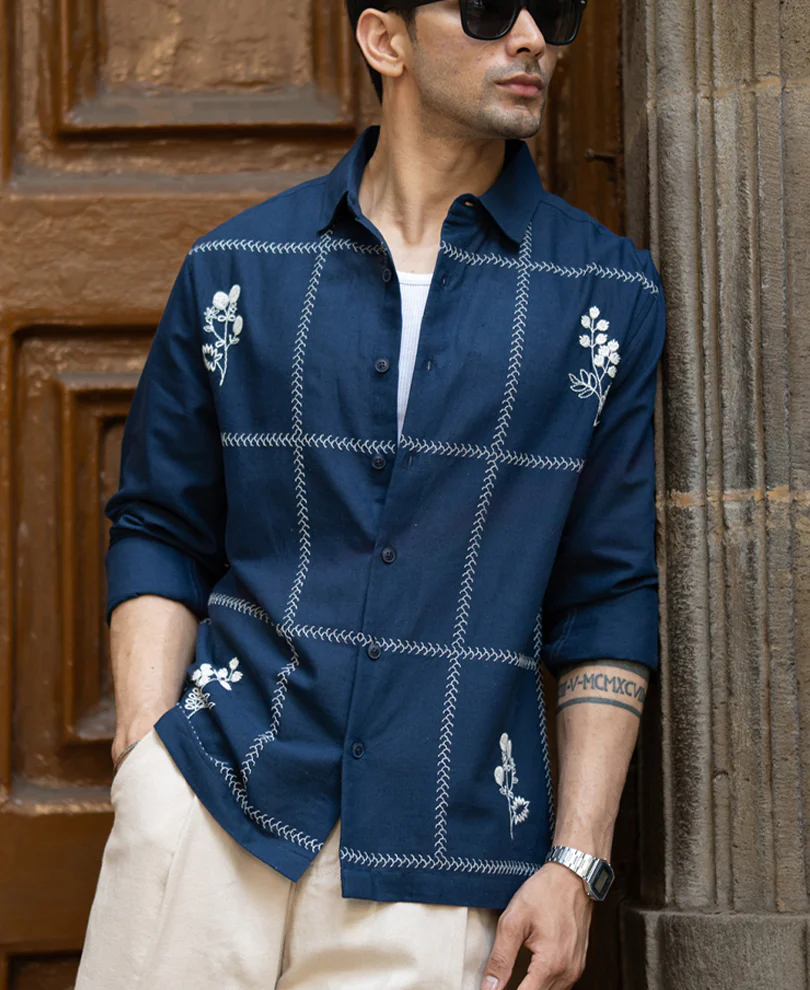 Navy Embrpoidery Linen Blend Shirt