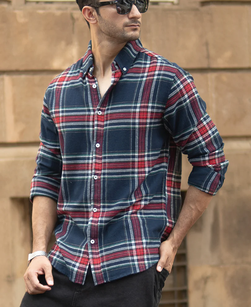 Navy Flannel Checked Shirt 100% Cotton