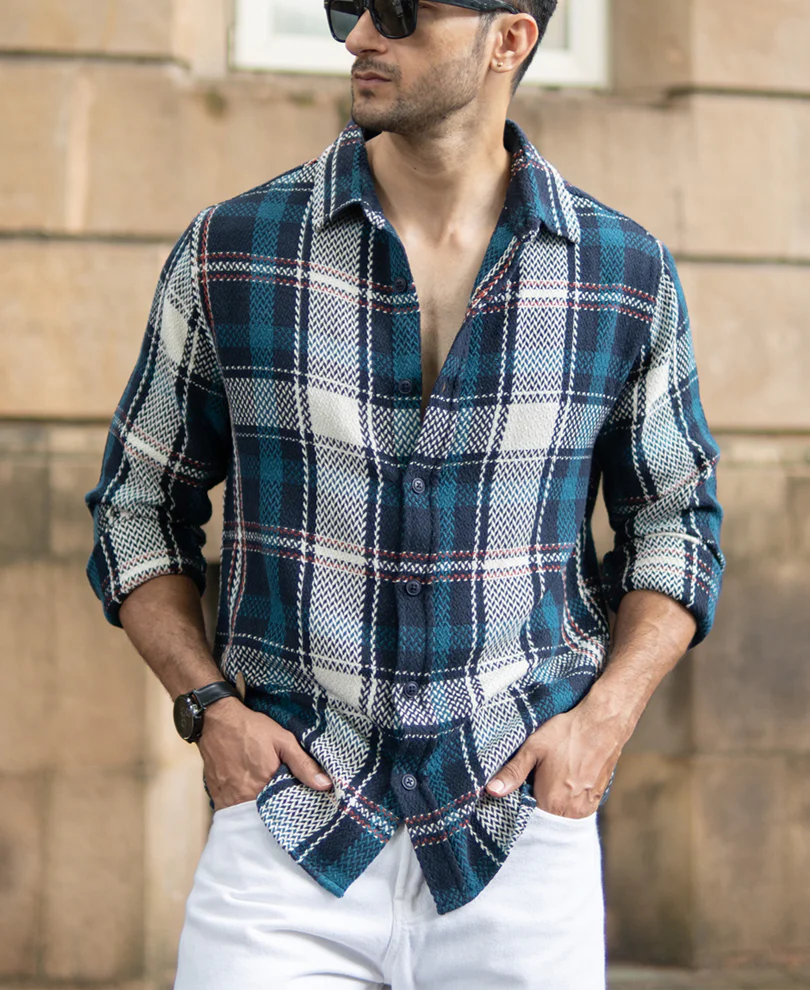 Navy Structured Checks Shirt - Image 2