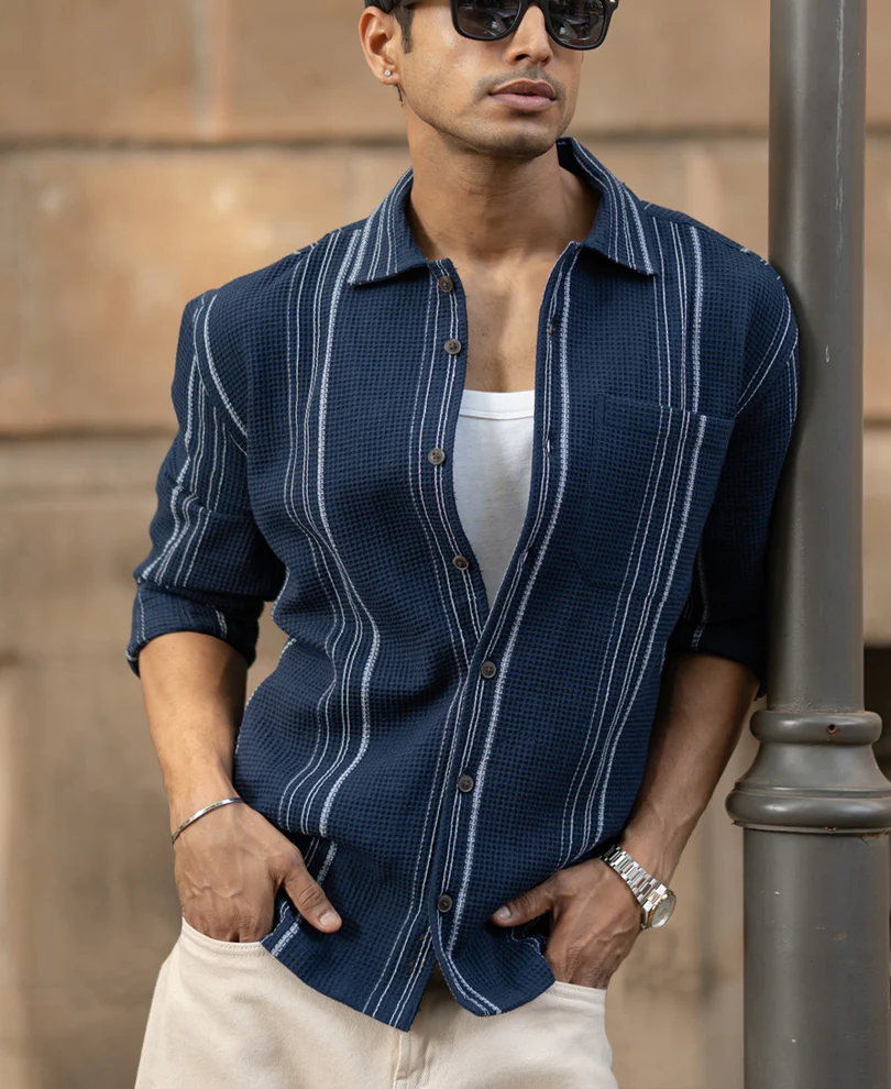 Navy Structured Striped Shirt - Image 2