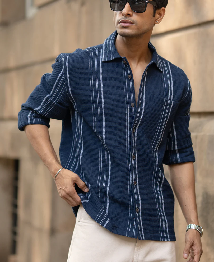 Navy Structured Striped Shirt - Image 3