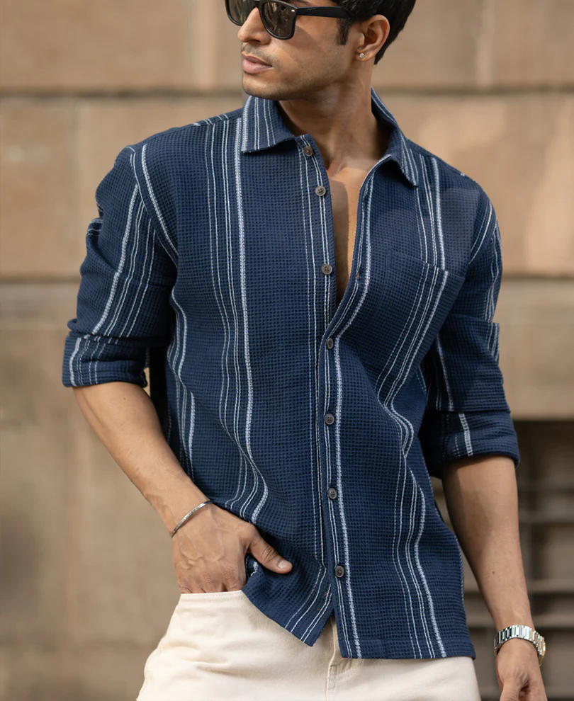 Navy Structured Striped Shirt - Image 4