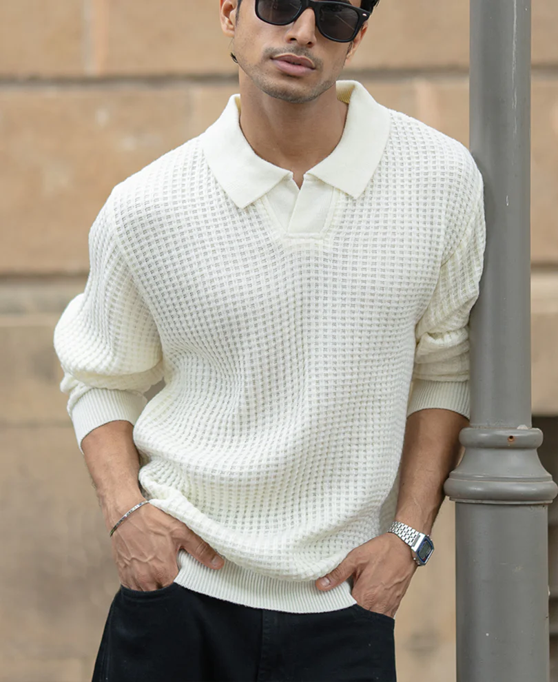 Off White Knit Polo Neck T-Shirt