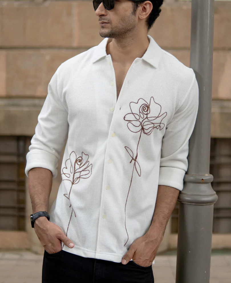 Off White Knitted Embroidery Shirt