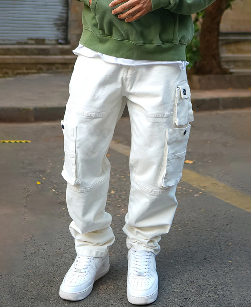 Off White Patch Pockets Denim Jeans 100% Cotton