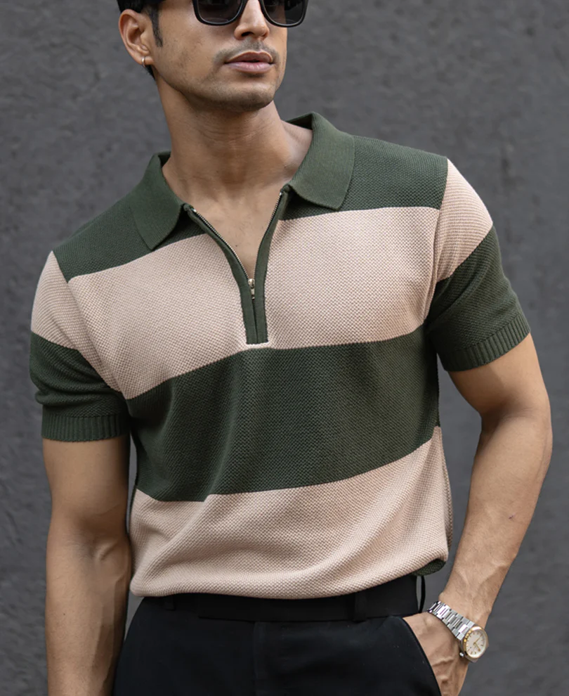 Olive & Beige Knit Stripe T-Shirt 100% Cotton