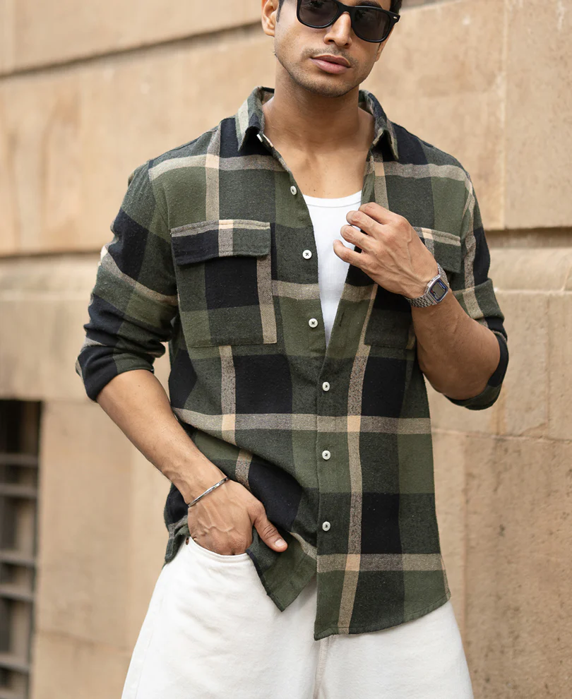Olive Brushed Checks Shirt 100% Cotton