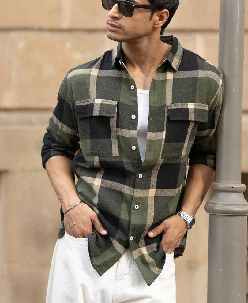 Olive Brushed Checks Shirt 100% Cotton - Image 2