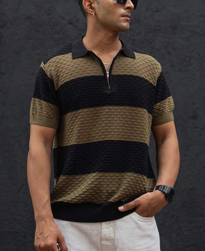 Olive Green and Black Structured Striped Regular Half Sleeves T Shirt 100% Cotton - Image 2