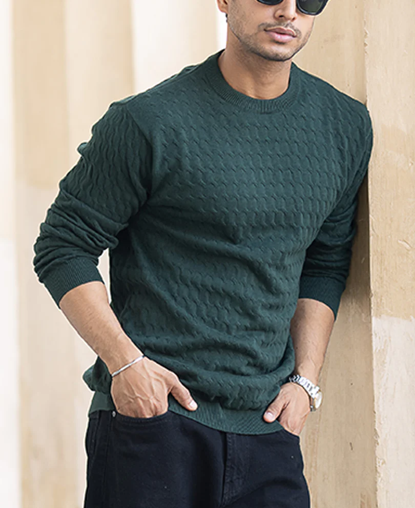 Olive Green Structured Regular Fit Full Sleeves T-Shirt - Image 3