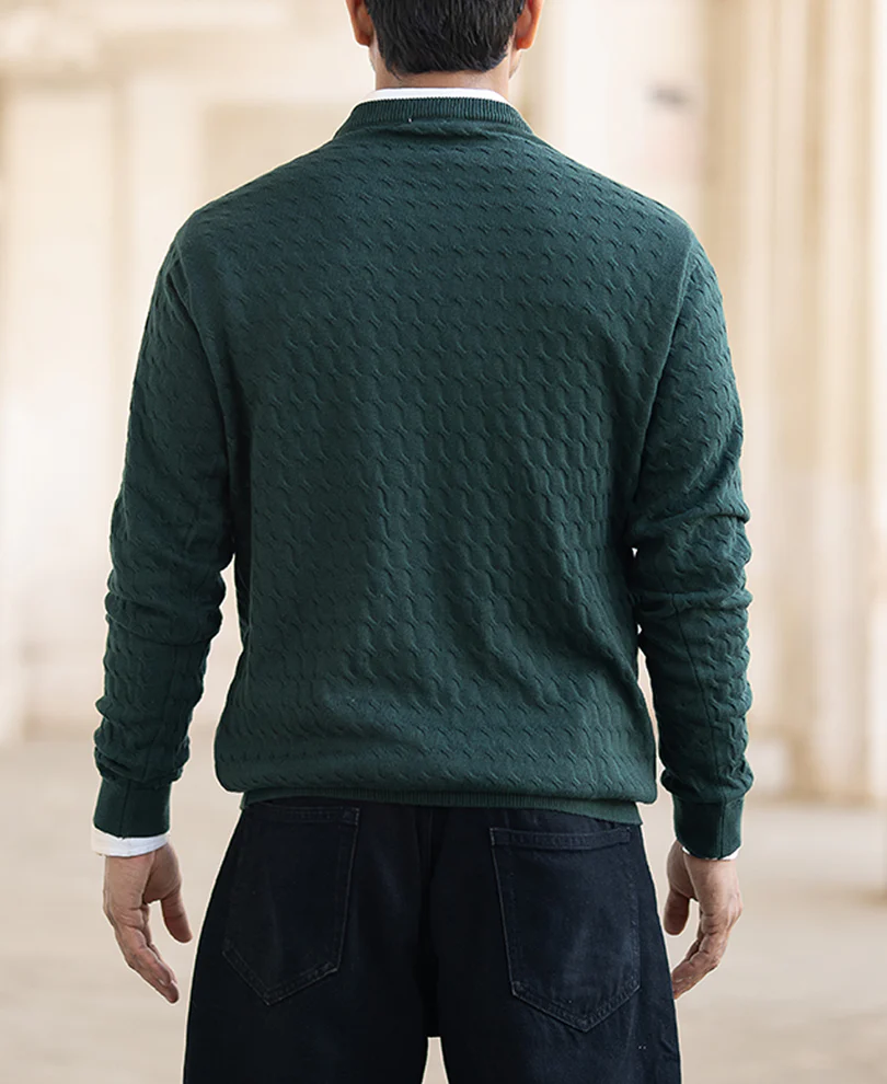 Olive Green Structured Regular Fit Full Sleeves T-Shirt - Image 4