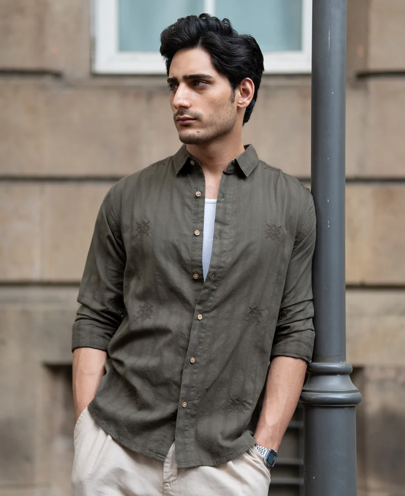 Olive Structure Embroidered Shirt 100% Cotton