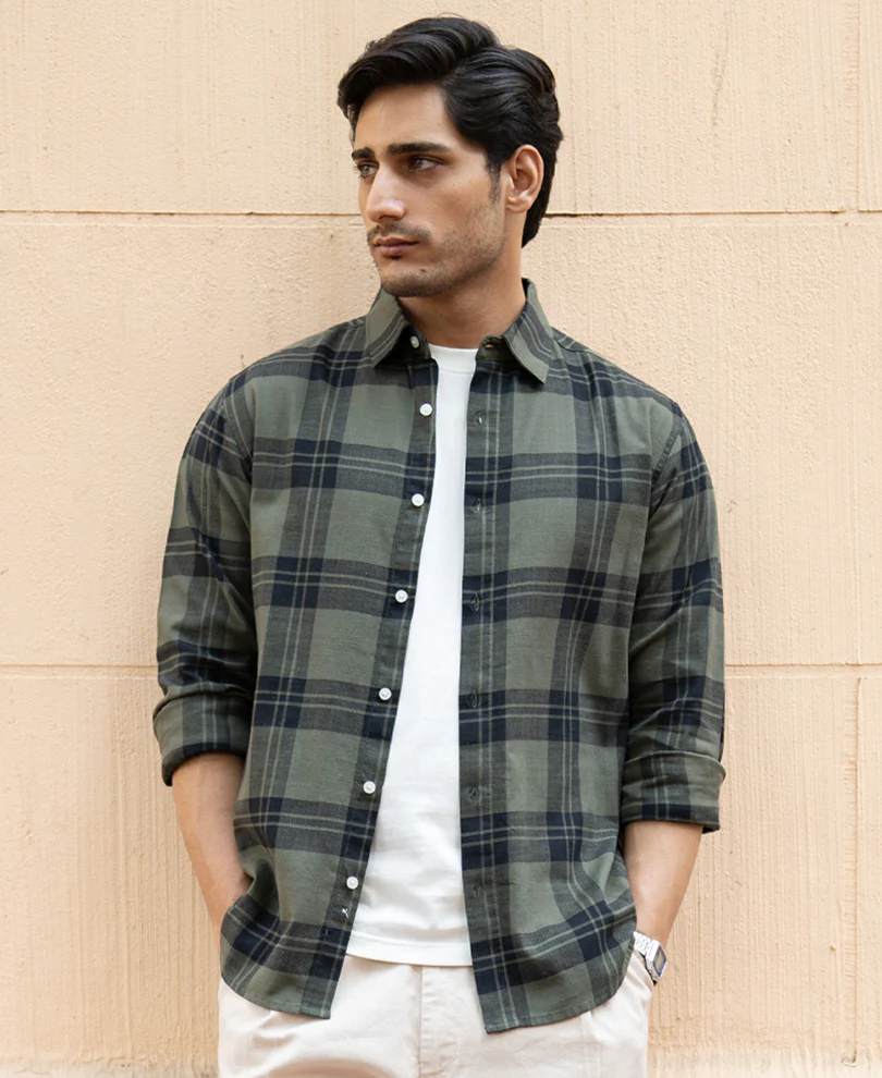 Olive Structured Checks Shirt 100% Cotton