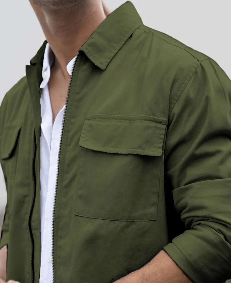 Olive Structured Zipper Overshirt - Image 4