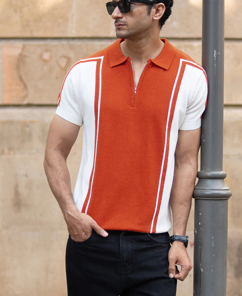 Orange Colour Blocked Polo T-Shirt 100% Cotton
