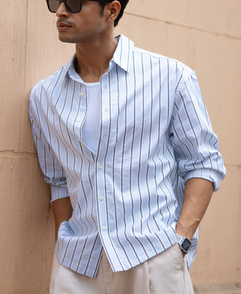 Pale Blue Lightweight Stripe Shirt 100% Cotton