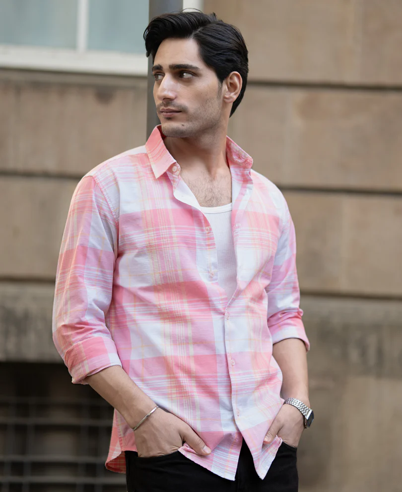 Peach Lightweight Summer Checks Shirt 100% Cotton