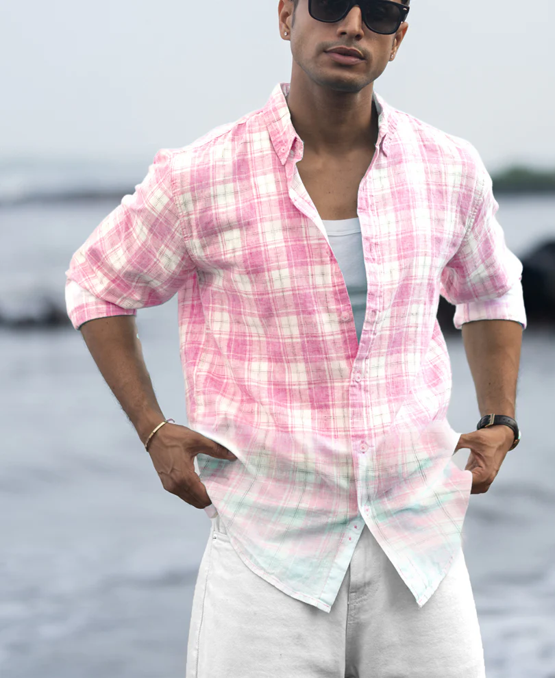 Pink Light Weight Ombre Checks Shirt