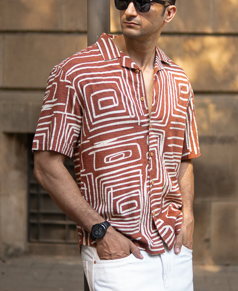 Rust Abstract Print Structure Shirt 100% Cotton