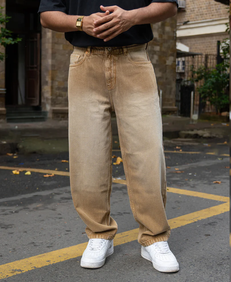 Sand Brown Washed Baggy Jeans 100% Cotton