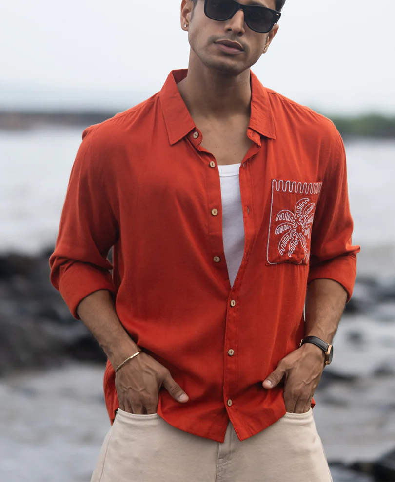 Spicy Orange Linen Blend Embroidery Shirt - Image 2