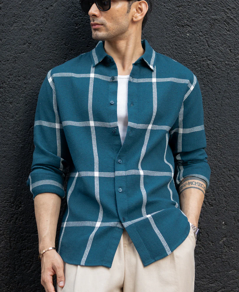 Teal Structured Checked Shirt