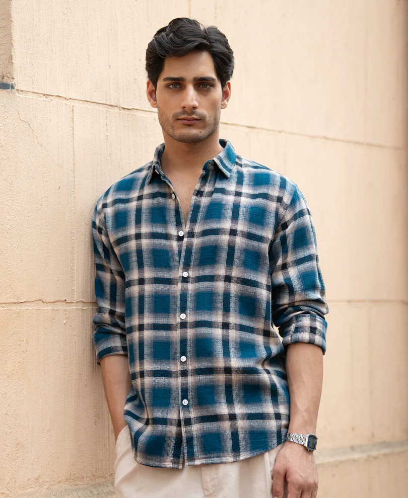 Teal Structured Checks Shirt