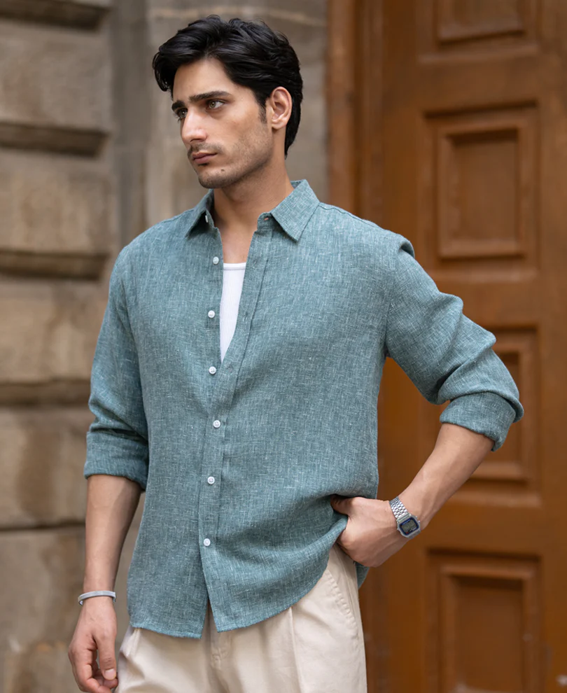 Teal Structured Linen Blend Shirt