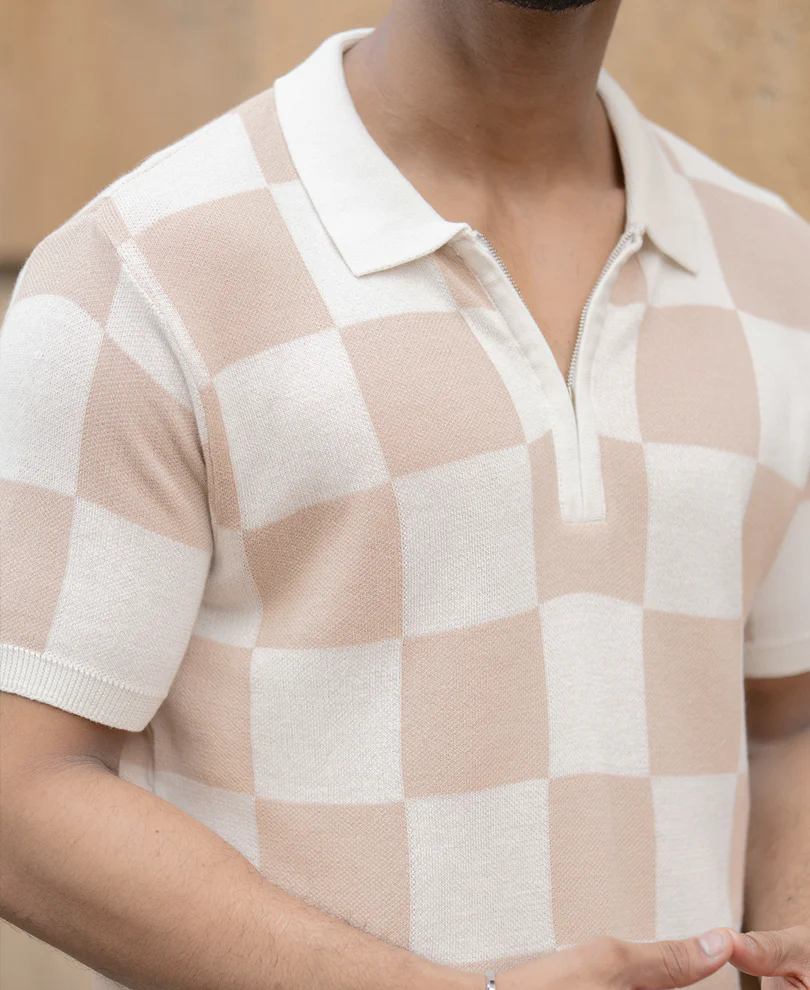 White And Beige Checkerboard Knit T-Shirt - Image 3