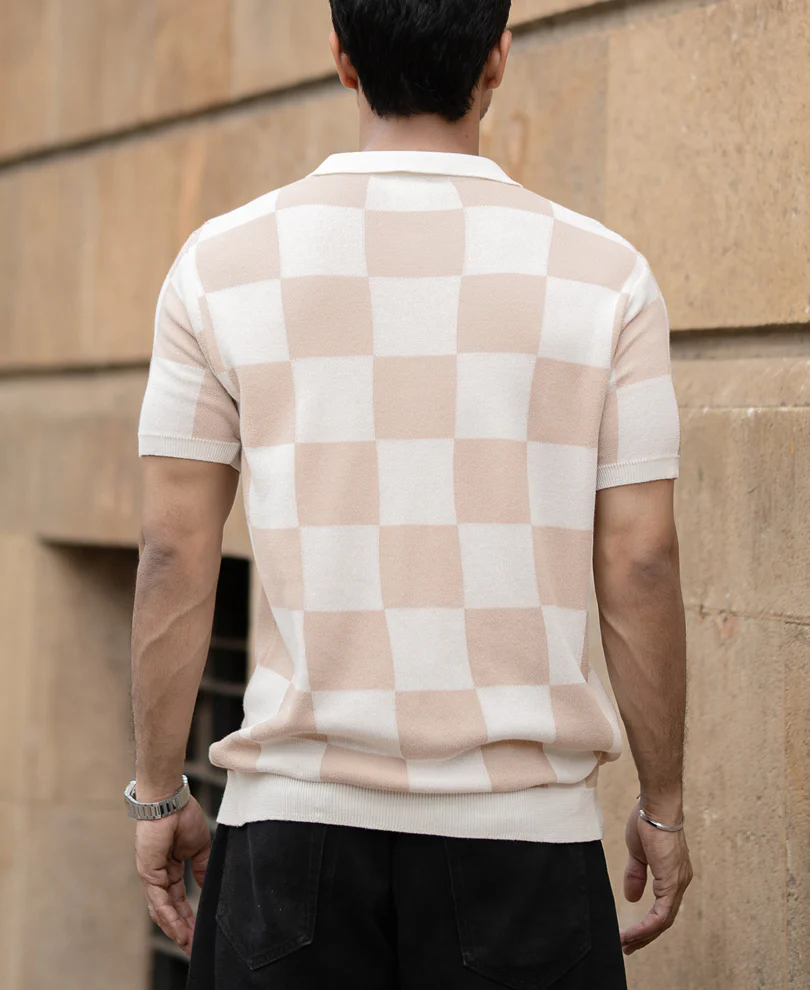 White And Beige Checkerboard Knit T-Shirt - Image 5
