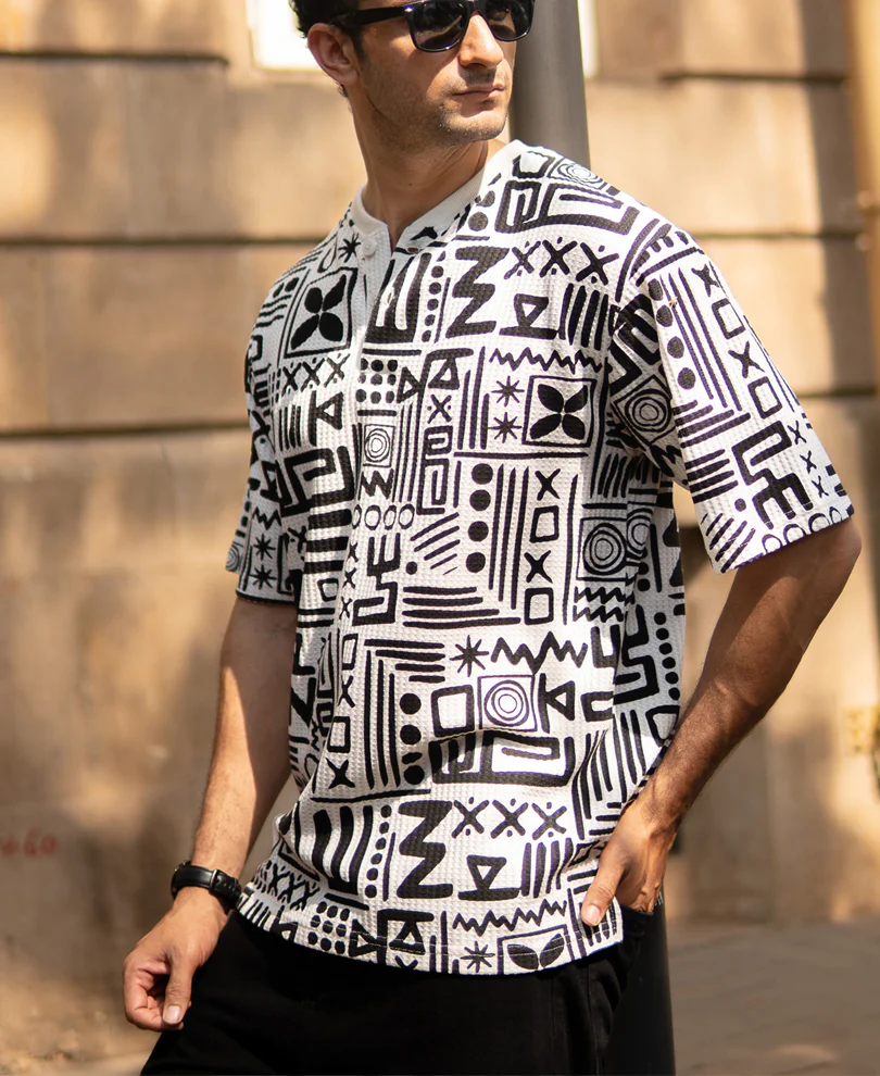 White And Black Printed Henley T-Shirt - Image 2