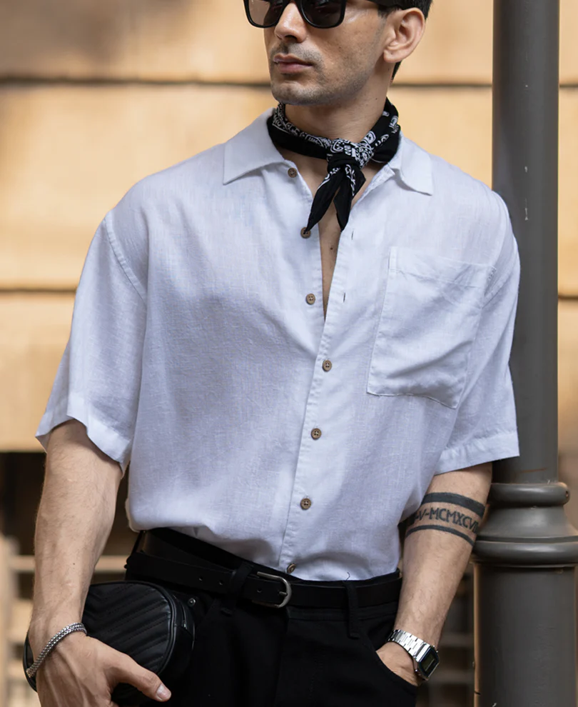 White Boxy Fit Linen Blend Shirt